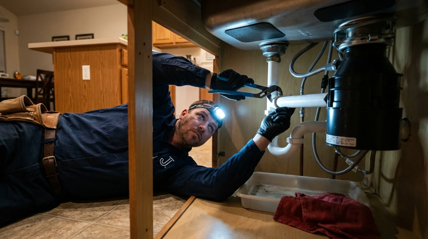 P-trap and supply line connections under a kitchen sink showing a common leak point in Mullen, NE